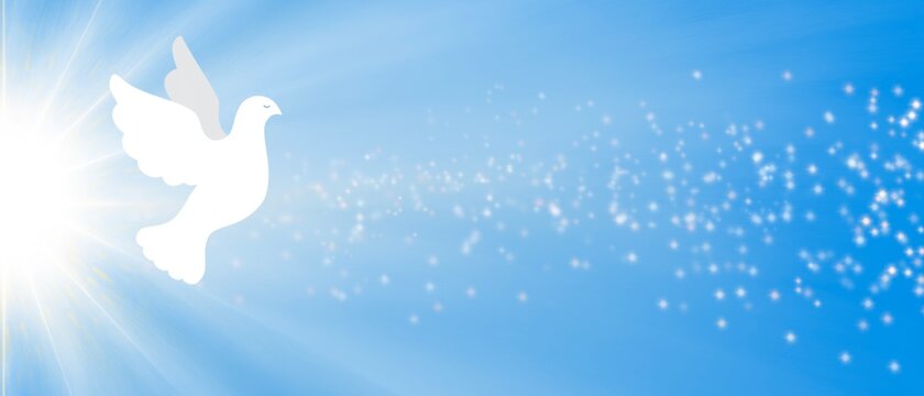 Banner azzurro religioso Colomba Bianca. Croce raggiante. Paradiso. Fede, speranza, amore. Preghiera. Libert&agrave;. Annunciazione. 