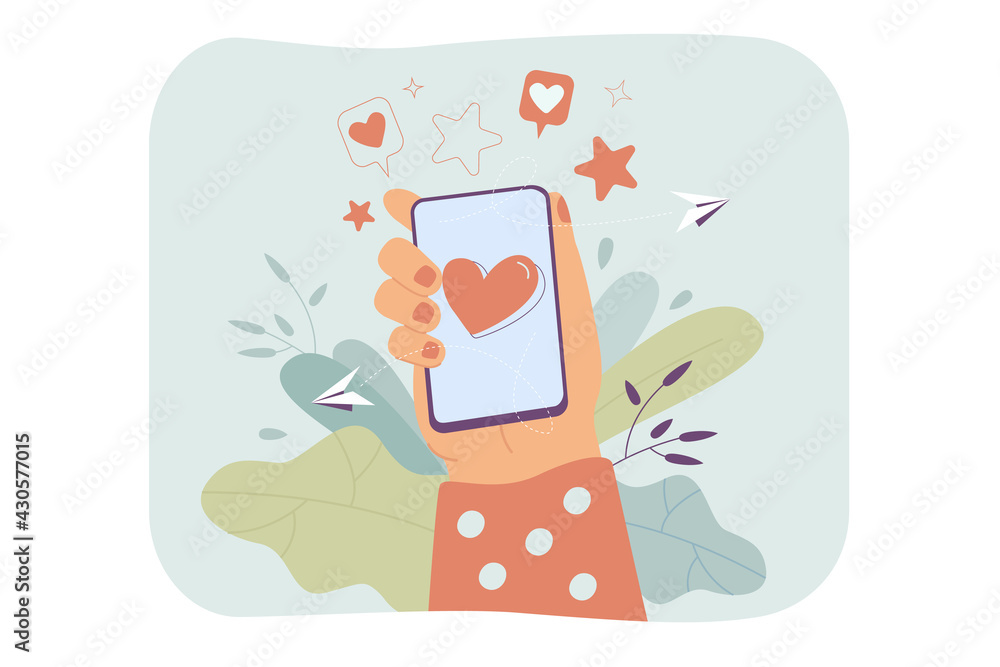 Poster Female hand holding phone with heart on screen isolated flat vector illustration. Cartoon mobile phone mockup and sending love messages or chatting. Communication and social media concept