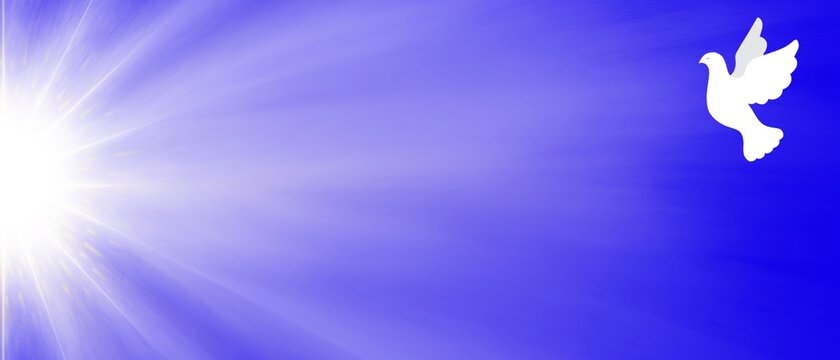 Banner blu luce magica raggiante Colomba Bianca vola. Pasqua. Pentecoste. Battesimo. Chiesa. Fede. Amore. Speranza. Spiritualit&agrave;.