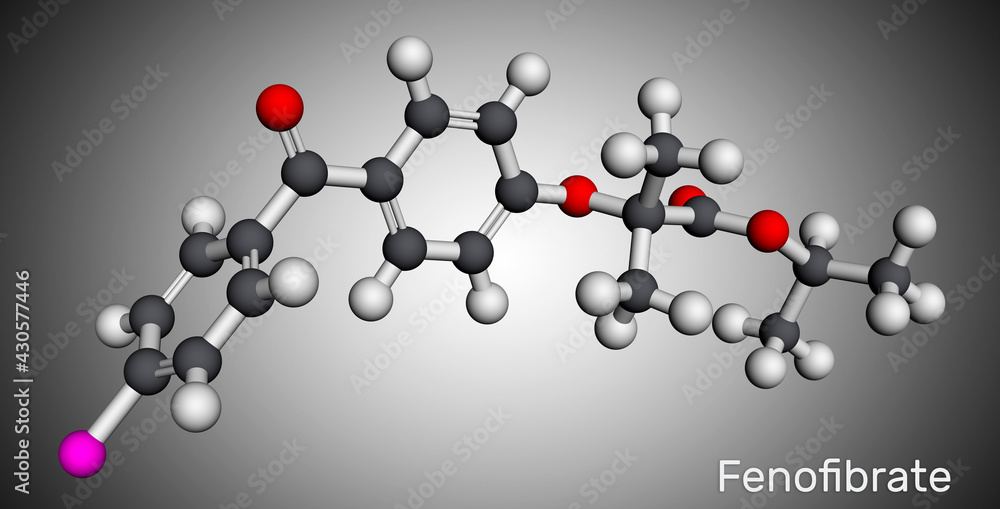 Canvas Prints Fenofibrate molecule. It is drug, used to lower cholesterol levels in patients at risk of cardiovascular disease. Molecular model. 3D rendering