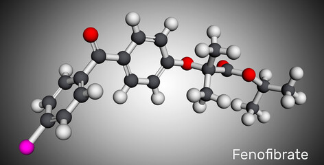 Fenofibrate molecule. It is drug, used to lower cholesterol levels in patients at risk of cardiovascular disease. Molecular model. 3D rendering