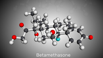 Betamethasone, molecule. It is synthetic corticosteroid, glucocorticoid with metabolic, immunosuppressive and anti-inflammatory activities. Molecular model. 3D rendering