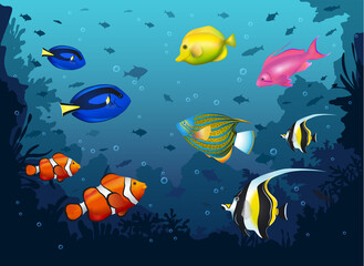 underwater deep sea background with tropical fishes