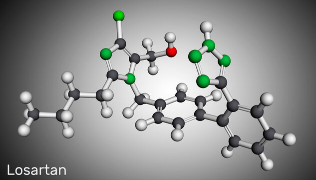 Losartan molecule. It is drug, used to treat hypertension, diabetic kidney disease, heart failure. Molecular model. 3D rendering