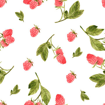 Raspberry watercolor illustration. Seamless pattern for menu and desserts, restaurants and cafes. Design for textile, wrapping , fabric, scrapbooking.