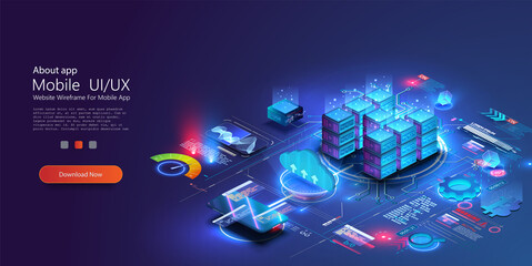 Concept of big data processing center, future cloud database. Digital service or app with data transfering. Online computing technology. Servers and datacenter connection network. Isometric vector