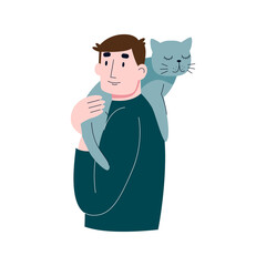 A young man carrying a cute cat. A man hugging a cat. Flat vector illustration.