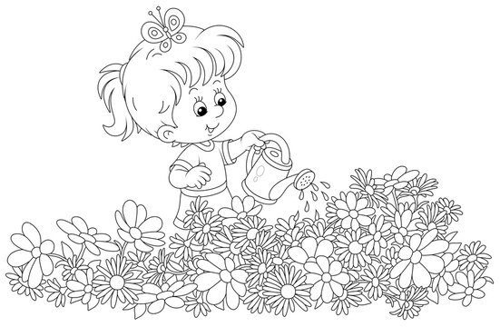 Happy little girl watering garden flowers on a small flowerbed on a summer day, black and white vector cartoon illustration for a coloring book page