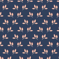 Retro navy seamless pattern with pink leaves branch vector illustration