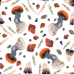 Seamless watercolor pattern, background with a forest mushrooms, berries, autumn leaves, plants. Vintage illustration. Design for textile, wrapping, fabric, scrapbooking, wallpapers, home decoration