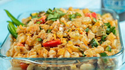 macaroni chaat Indian and Pakistani food display 
