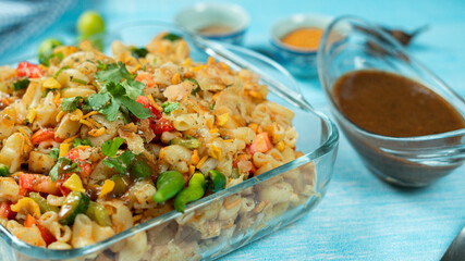 macaroni chaat Indian and Pakistani food display 