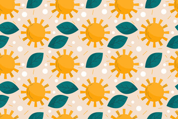 Summer seamless pattern with sun and leaves on light background. Vector illustration in a flat linear style. Delicious summer refreshing dessert.