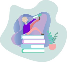 A girl reading books, creative imagination concept, flat style vector illustration.