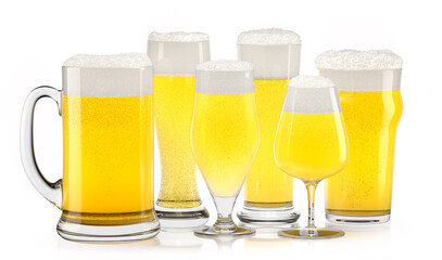 Set of fresh light beer glasses with bubble froth isolated on white background.