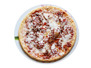 Pizza with tomatoes and meat, top view, isolated