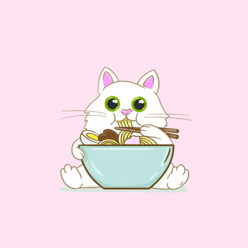 Cat And Ramen Bowl Vector