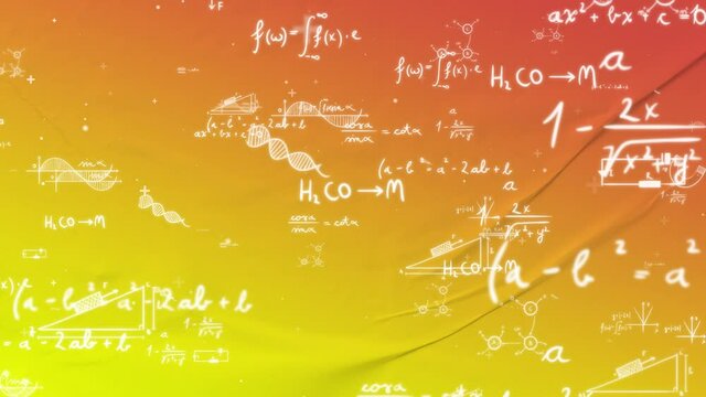 Animation presents handwritten mathematical formulas on two colors background flying through the camera.