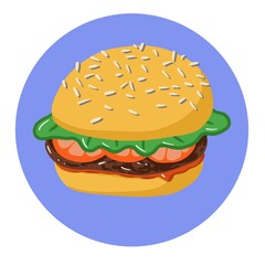 Illustration of meat burger with salad and tomatoes on blue background. It can be used as an icon or a sticker