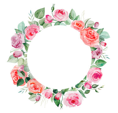 Watercolor pink and red roses flowers and leaves frame illustration