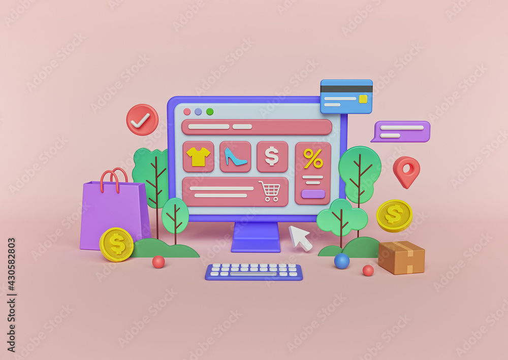 Wall mural online shopping concept with 3d elements. 3d rendering