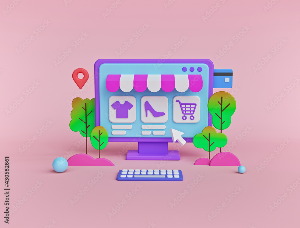 Poster online shopping concept with 3d elements. 3d rendering