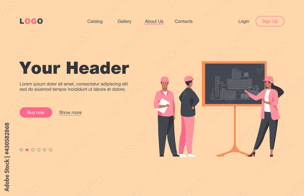 Poster female engineer standing near chalkboard explaining project. draft, building, worker flat vector ill