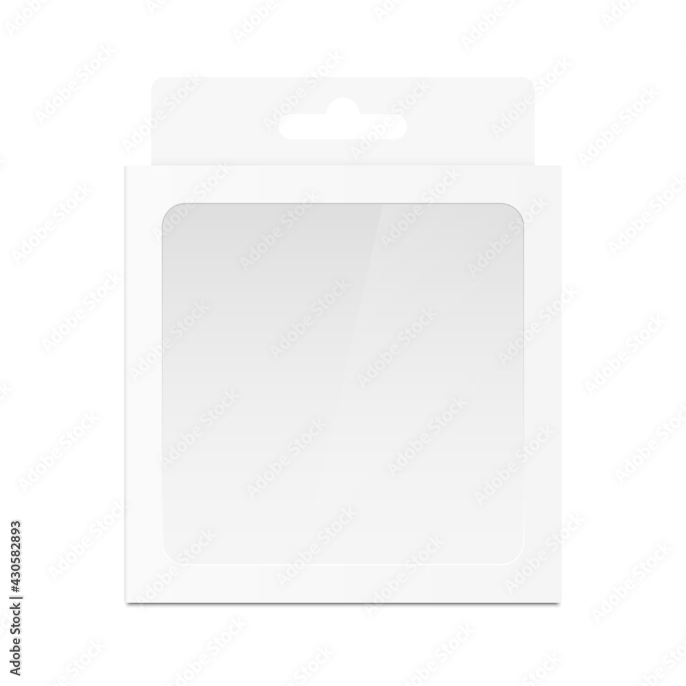 Poster white packaging box with transparent window and hang tab. realistic blank empty box. mockup template