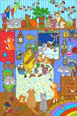 Cats and kittens in a cozy home. Cute illustration for the decor and design of posters, postcards, prints, stickers, invitations, textiles and stationery.