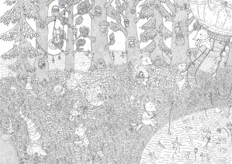 Kind animals walk in the fairy forest. Coloring. Black and white digital illustration. Cute illustration for the decor and design of posters, postcards, prints, stickers, invitations, textiles.