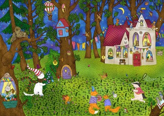Cat and cute animals in the fairy forest. Digital painting. Cute illustration for the decor and design of posters, postcards, prints, stickers, invitations, textiles and stationery.