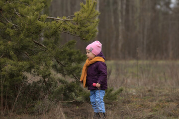 a little girl in a purple jacket and an orange scarf stands and looks at a coniferous tree