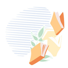 Yellow books flying banner template. Vector minimalist background with textures for a library. Education poster, flyer, advertising. Knowledge web design promotion. Literature cover round element