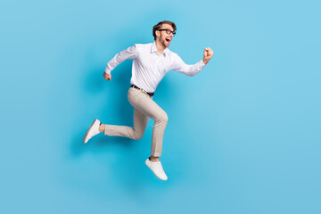 Full body profile side photo of happy charming run sale amazed isolated on pastel blue color background