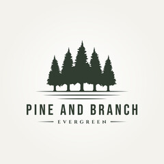 pine and branch landscape vintage logo template vector illustration design. silhouette classic nature, ecological, environment, evergreen logo concept