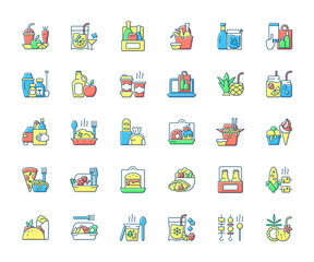 Drinks to go and takeaway food RGB color icons set. Fresh juice. Alcoholic beverage. Wine, beer, cocktail. Fried chicken wings. Phone ordering. Italian, mexican food. Isolated vector illustrations