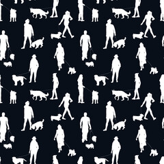 Black and white monochrome seamless pattern with silhouettes of many people walking with dogs. On black background.
