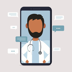 Indian Doctor video locating on a smartphone for Online medical consultation. Medical diagnostics via the Internet.