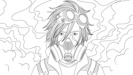Vector illustration, teen boy wearing gas mask, polluted atmosphere