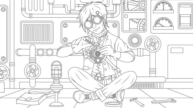 Vector illustration, teen boy fixes repairs part of a large mechanism
