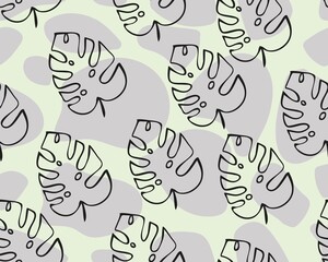 seamless pattern with tropical leaves, linear drawing of monstera on a background of abstract flowing shapes, in pastel colors, stylized vector graphics
