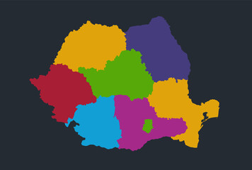 Romania map, flat design colors, individual administrative division, blue background, raster blank