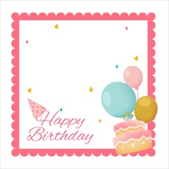 Happy Birthday Pink frame, Happiness, Happy Birthday Text Effect, Birthday Vector Illustration on White Background, Party Frame, Birthday Gifts, Party Elements, Birthday Cakes, Banner, Party Cap.