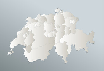 Switzerland map, administrative division, blue white card paper 3D blank