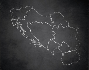 Yugoslavia map administrative division, separates regions and names individual region, design card blackboard chalkboard blank