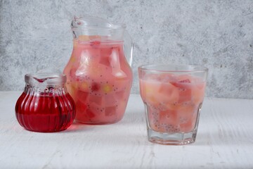 Sop Buah or Es Buah is Mixed Fruit ice,indonesian Popular drink for Breakfasting Copy Space for text.white background