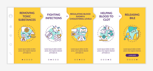 Liver purposes onboarding vector template. Responsive mobile website with icons. Web page walkthrough 5 step screens. Fighting infections, releasing bile color concept with linear illustrations