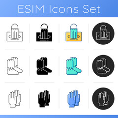 Disposable medical uniform for quarantine icons set. Masks in box. Medical boot covers. Hospital safety. Disposable PPE. Linear, black and RGB color styles. Isolated vector illustrations