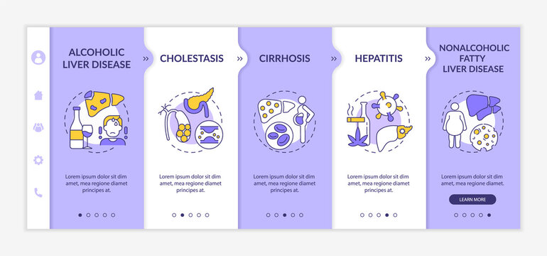 Hepatic impairment types onboarding vector template. Responsive mobile website with icons. Web page walkthrough 5 step screens. Alcoholic disease, cholestasis color concept with linear illustrations