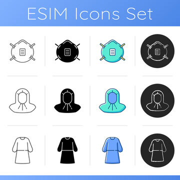 Personal protective equipment icons set. N 95 mask. Medical hood. Isolation gown. Hospital safety. Disposable PPE. Linear, black and RGB color styles. Isolated vector illustrations